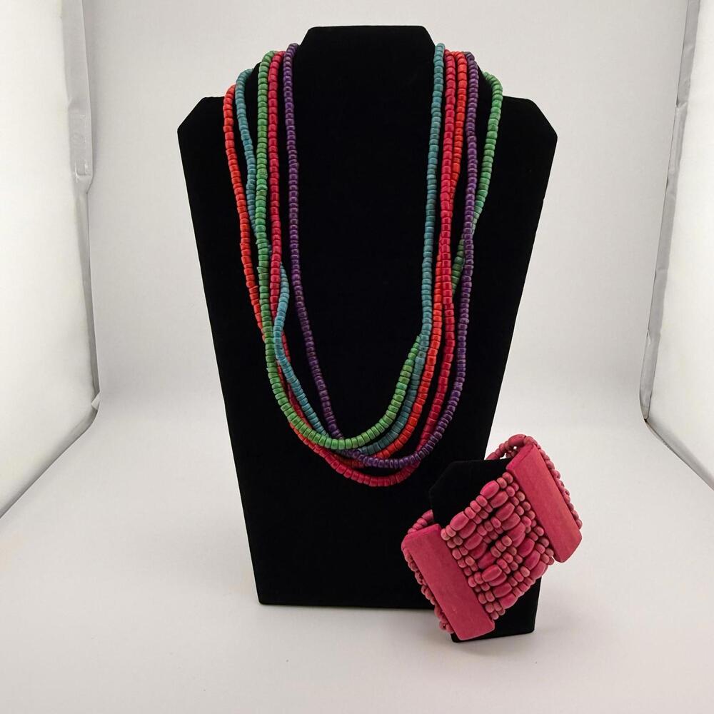 Colorful Multi Strand Beaded Necklace with Hook Clasp and Bracelet